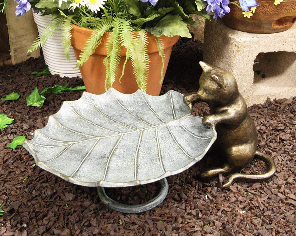 17"L Aluminum Rustic Whimsical Curious Kitten Cat With Leaf Bird Feeder Statue - Ebros Gift