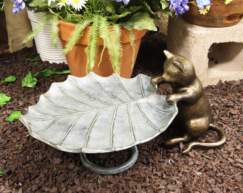 17"L Aluminum Rustic Whimsical Curious Kitten Cat With Leaf Bird Feeder Statue