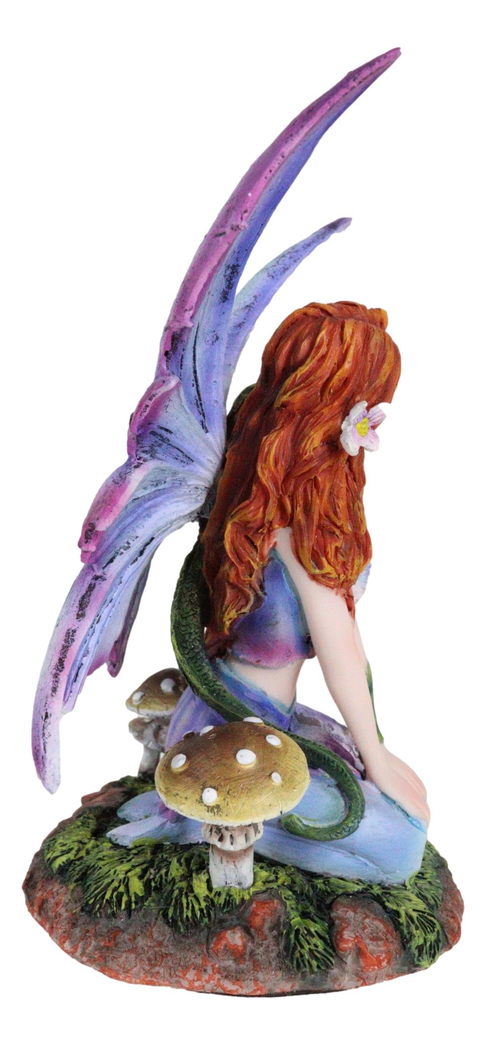 Fantasy Purple Butterfly Winged Red Hair Fairy with Green Pet Dragon Figurine