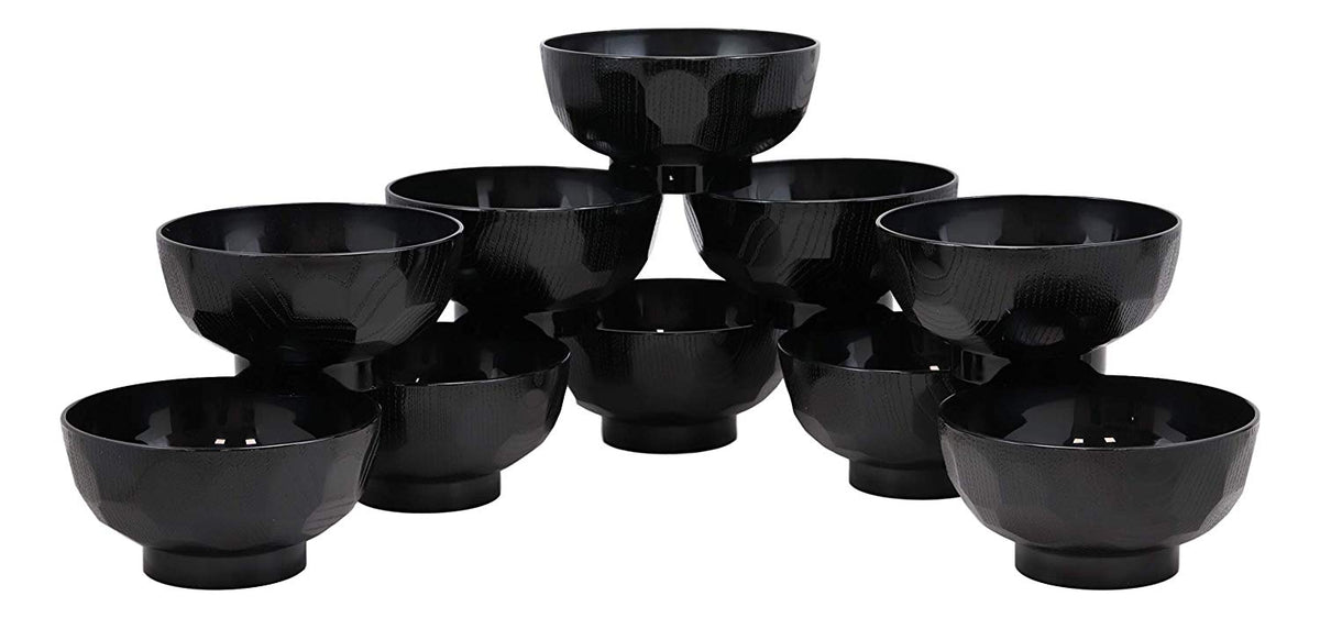 Ebros Japanese Contemporary Black Lacquer Ridged Bowls Made In Japan Set of 10
