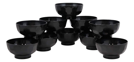 Ebros Japanese Contemporary Black Lacquer Ridged Bowls Made In Japan Set of 10