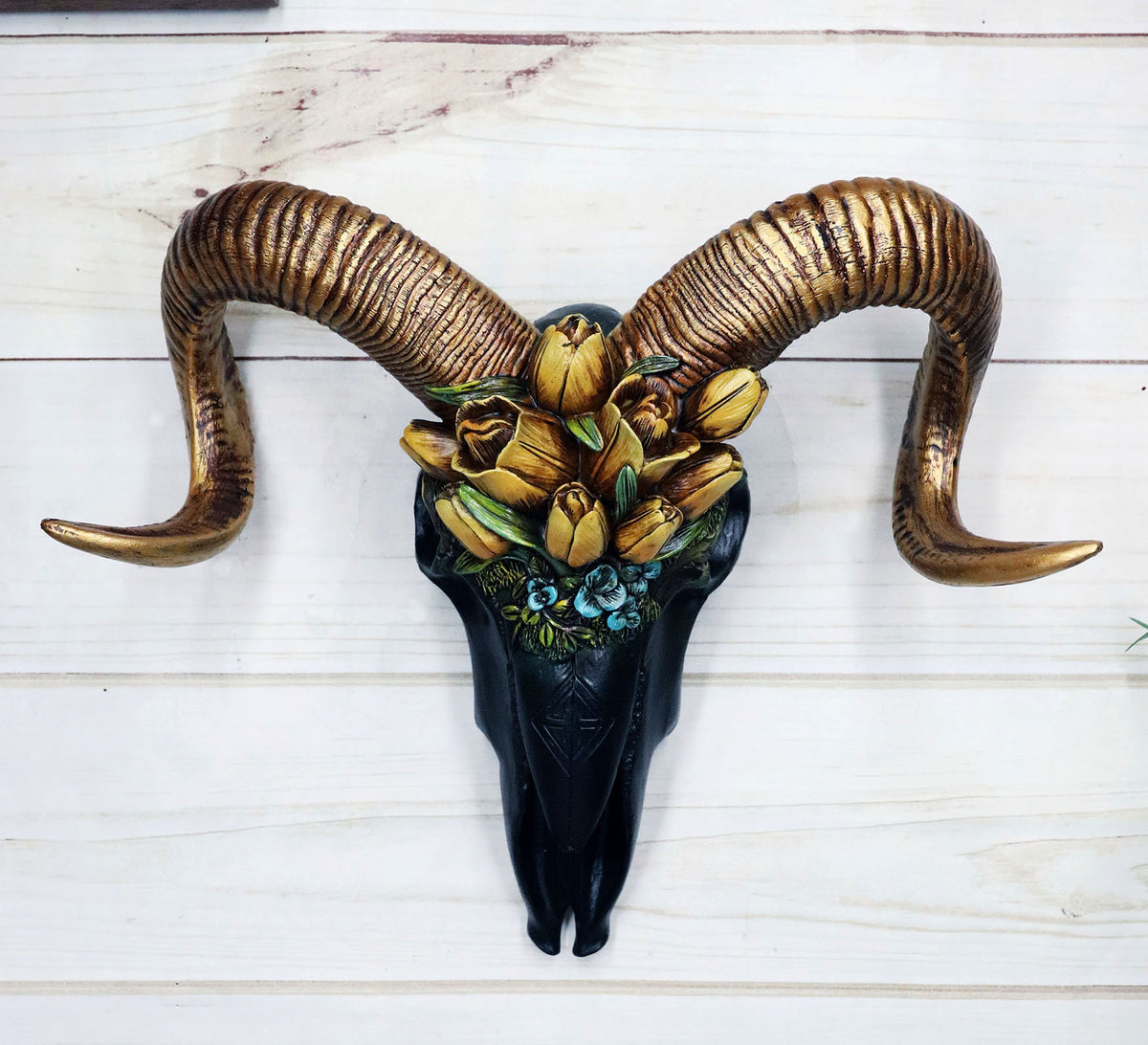 Rustic Black Ram Skull With Golden Horns And Tulip Flowers Wall Trophy Decor