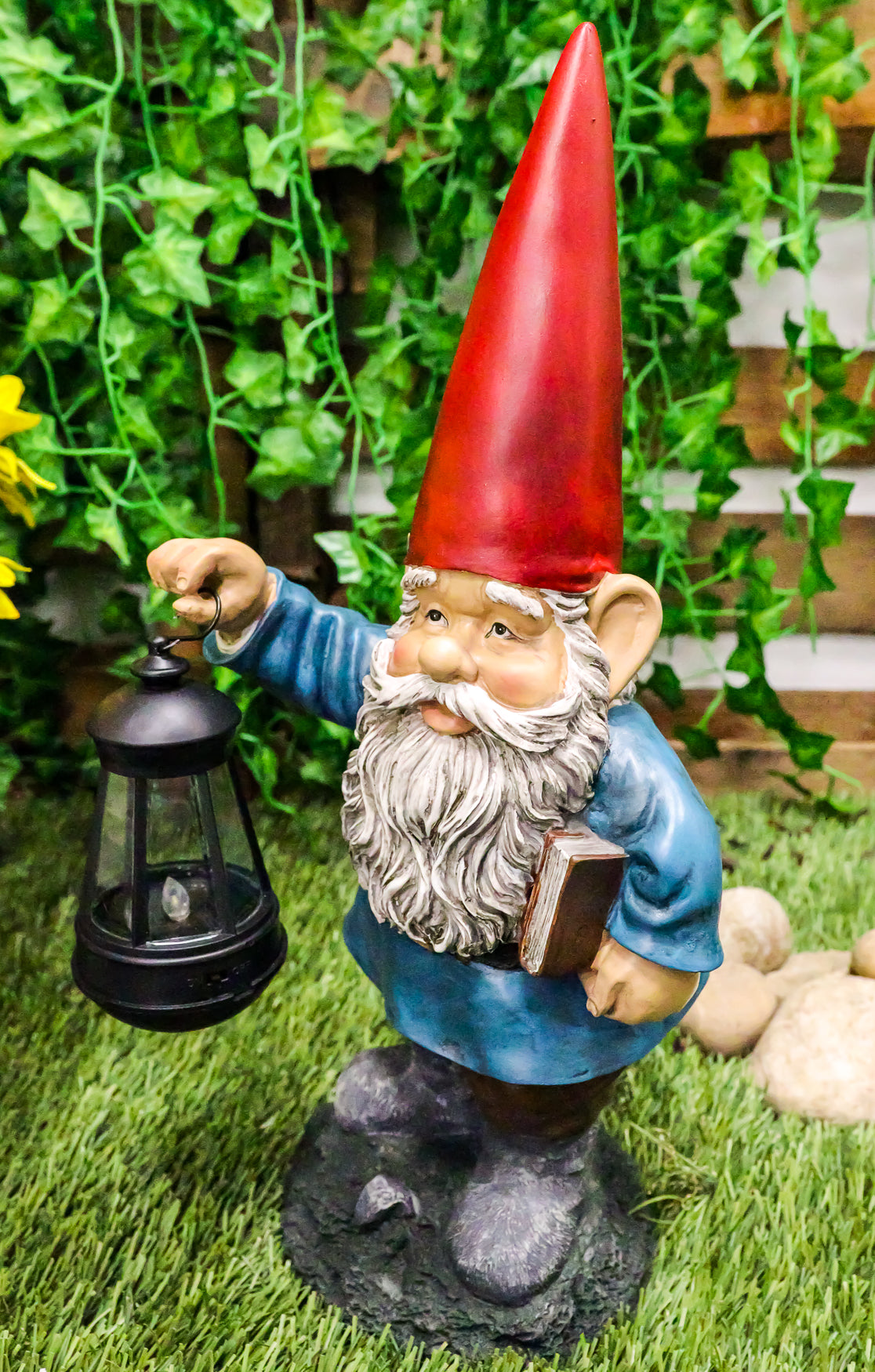 Ebros Whimsical Gnome Holding Book of Spells Solar LED Lantern Light Statue 17"H - Ebros Gift
