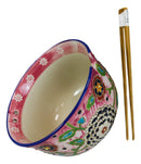 Floral Pink Polkadot Art Splash Ramen Noodles Soup Large 6"D Bowl W/ Chopsticks