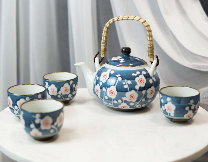 Japanese Cherry Blossom Blue Ceramic 24oz Tea Pot With 4 Cups And Strainer Set