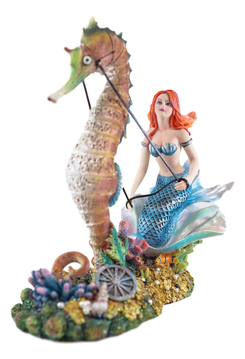 Ebros Nouveau Nautical Ocean Mermaid On Clam Riding Seahorse Chariot Statue 10"H - Ebros Gift