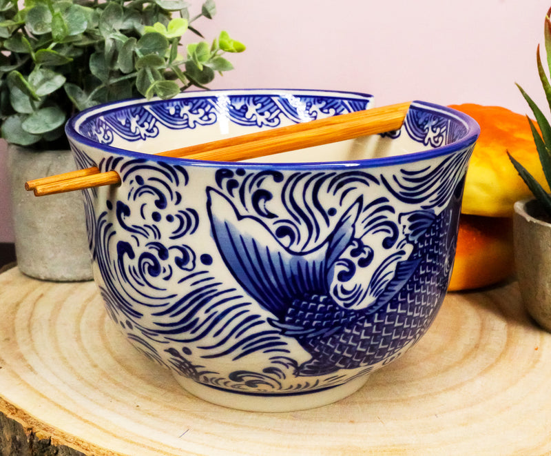 Ming Style Feng Shui Koi Fish 6"D Pho Ramen Soup Rice Bowl With Chopsticks Set
