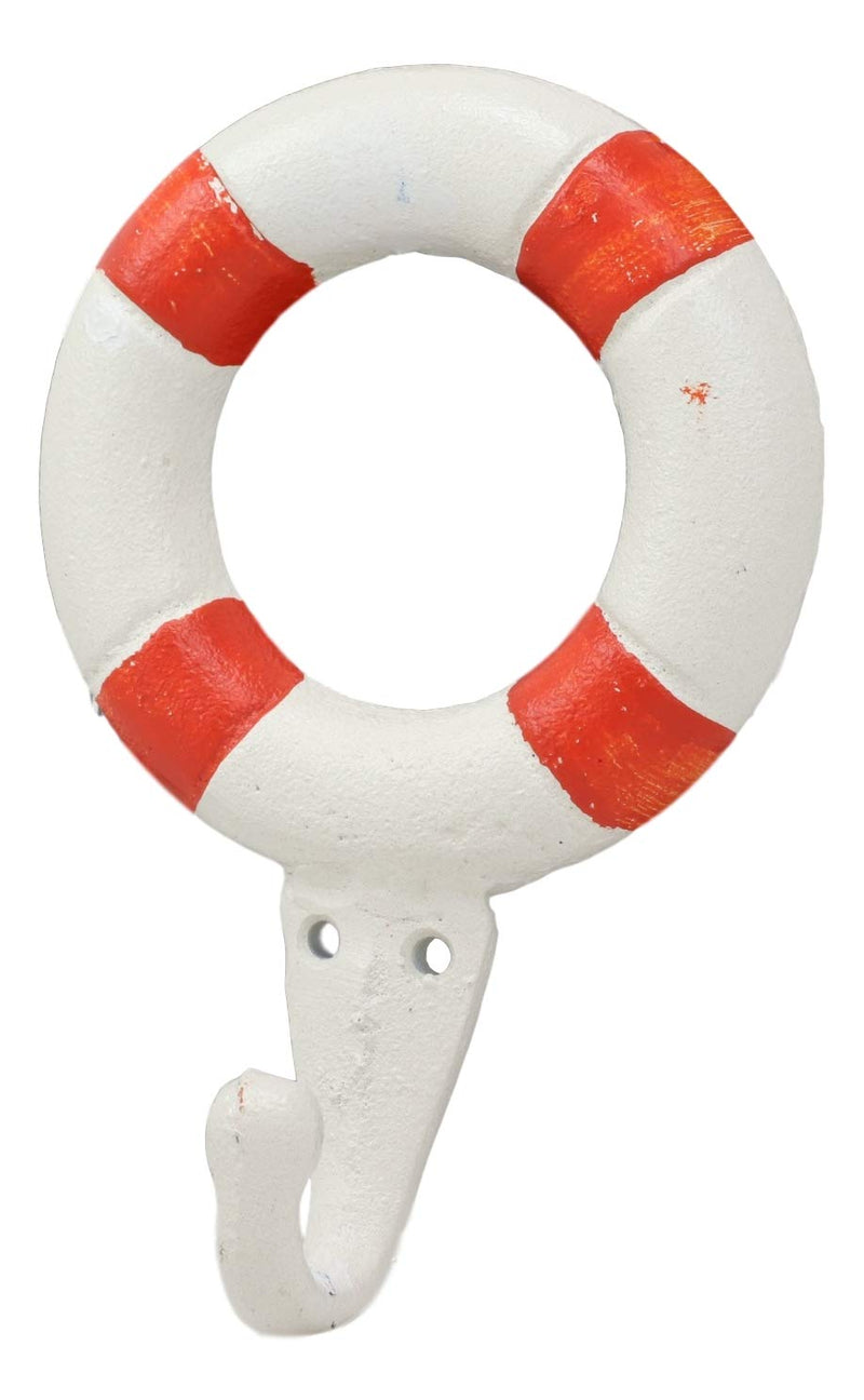 Ebros Gift 6.5"Tall Cast Iron Nautical Coastal Sailor Lifeguard Life Ring Buoy White With Red Stripes Wall Hook (1) - Ebros Gift