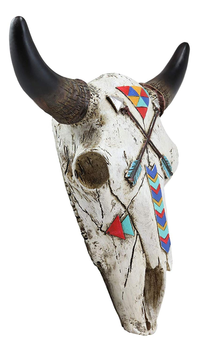 Ebros 10.75" High Western Southwest Steer Bison Buffalo Bull Cow Horned Skull Head with Two Crossed Arrows and Geometric Pyramids Design Wall Mount Decor - Ebros Gift