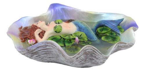 Ebros Sheila Wolk Elan Vital Sculpture Red Haired Mermaid Sleeping On Water Lilies With Koi Fishes In A Giant Clam Shell Pond Figurine Fantasy Mermaids Pirates Sirens Decor Statue 6.75"Long
