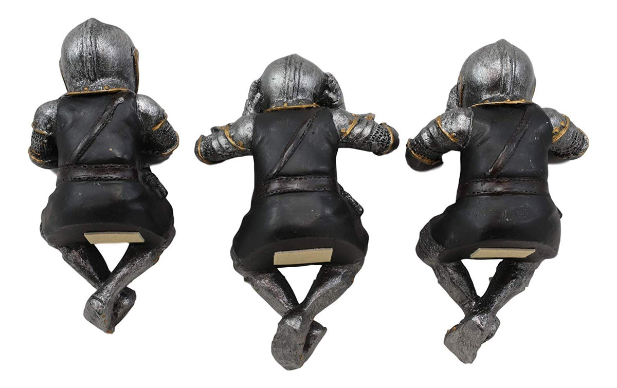 Ebros Gift Set of 3 Renaissance Medieval See Hear Speak No Evil Royal Knights with Black Tunic Ledge Or Shelf Sitters Figurine 4" Tall Suit of Armor Miniature Knights Decor - Ebros Gift