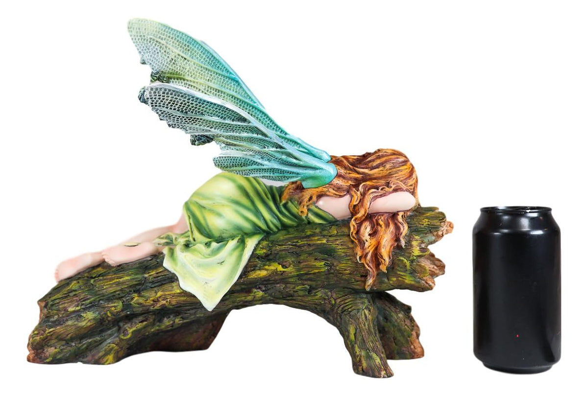 Ebros Beautiful Green Forest Fairy With Red Hair Sleeping On Tree Log Statue - Ebros Gift