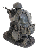War Battlefield Kneeling Soldier Taking Cover With Rifle Gun And Gears Statue