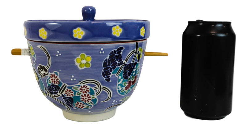 Purple Floral Sky Ramen Bowl With Tempura Divider Condiment Lid Chopsticks Set