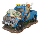 Buck Deer With Rifle In Blue Pick Up Truck With Tied Up Hunter On Hood Figurine