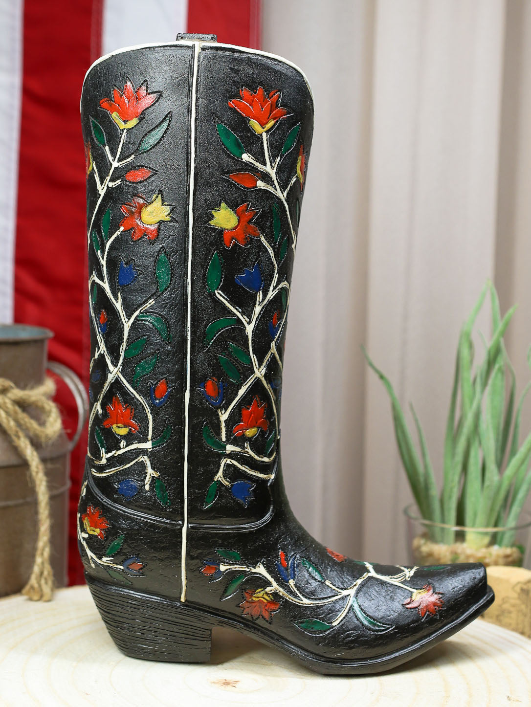 Rustic Western Black Tooled Leather Cowboy Boot With Rose Vines Vase F