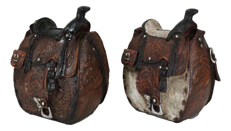 Set Of 2 Rustic Western Cowboy Horse Saddle Money Coin Savings Piggy Banks