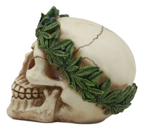 Pot Head Skull Statue 6"Long Gothic Skull With Weed Leaf Laurel Resin Figurine