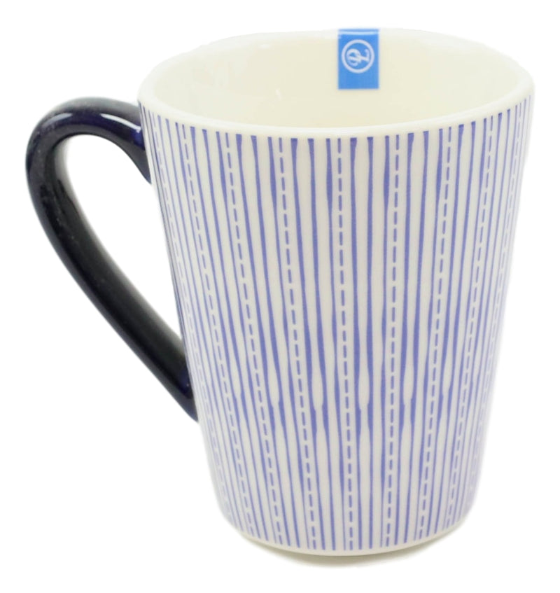 Set of 6 Eleanor Blue And White Linear Patterns Contemporary Porcelain Mugs 10oz
