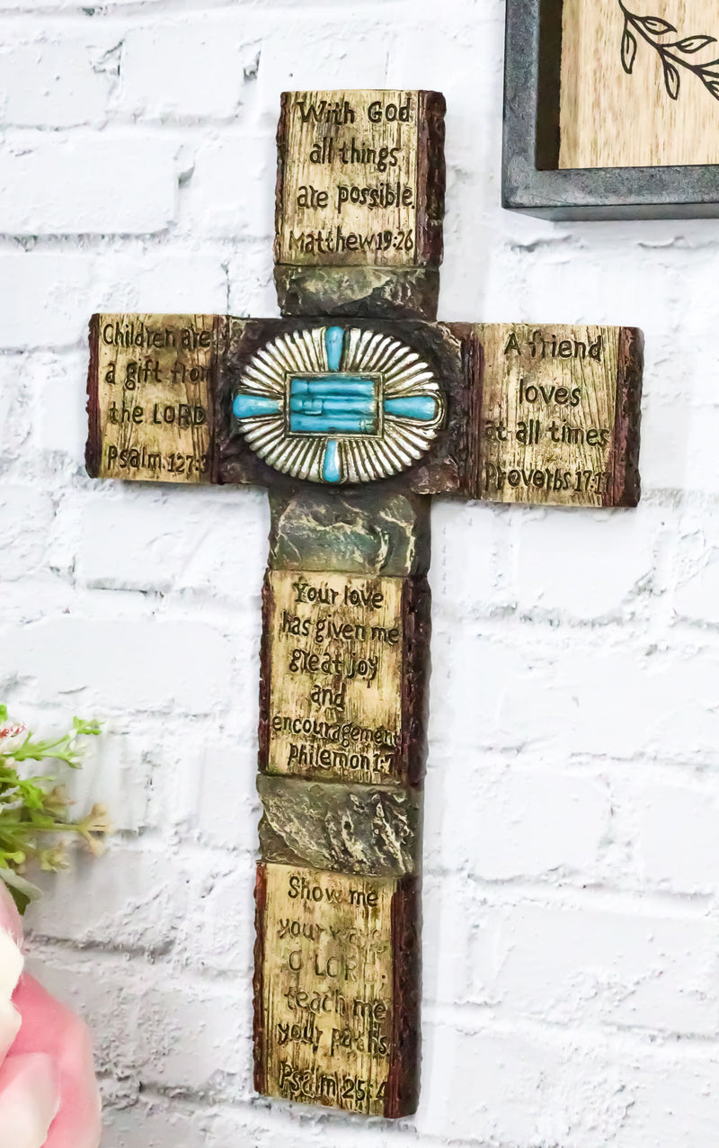 Rustic Western Christian Bible Verses Scriptures Turquoise Stones Wall Cross