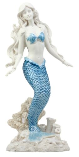 Ebros Gift Aqua Blue Tailed Ocean Mermaid Figurine 11.75" H Aquamarine Goddess Standing On Coral Reef Decorative Statue