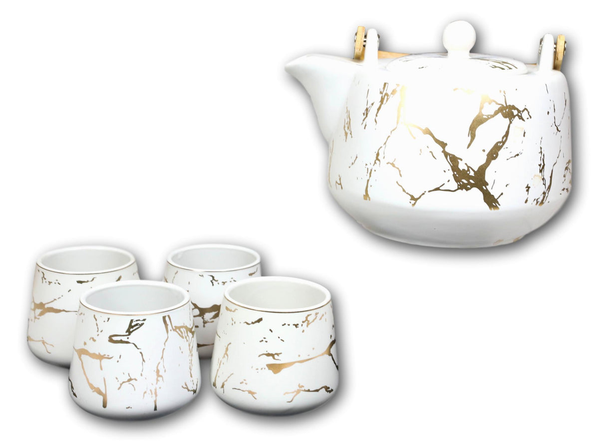 White Faux Marble With Gold Veins Ceramic Tea Pot And Cups With Tray Set For 4 - Ebros Gift