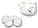 White Faux Marble With Gold Veins Ceramic Tea Pot And Cups With Tray Set For 4