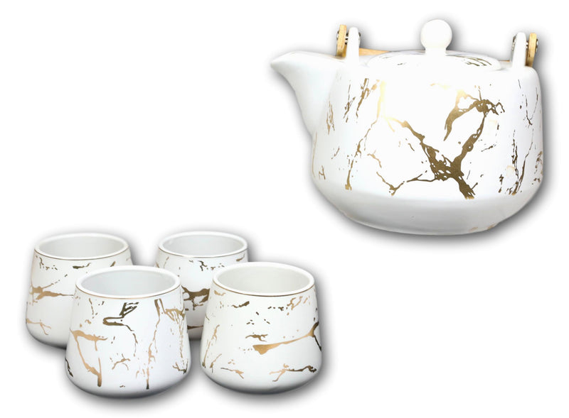 White Faux Marble With Gold Veins Ceramic Tea Pot And Cups With Tray Set For 4