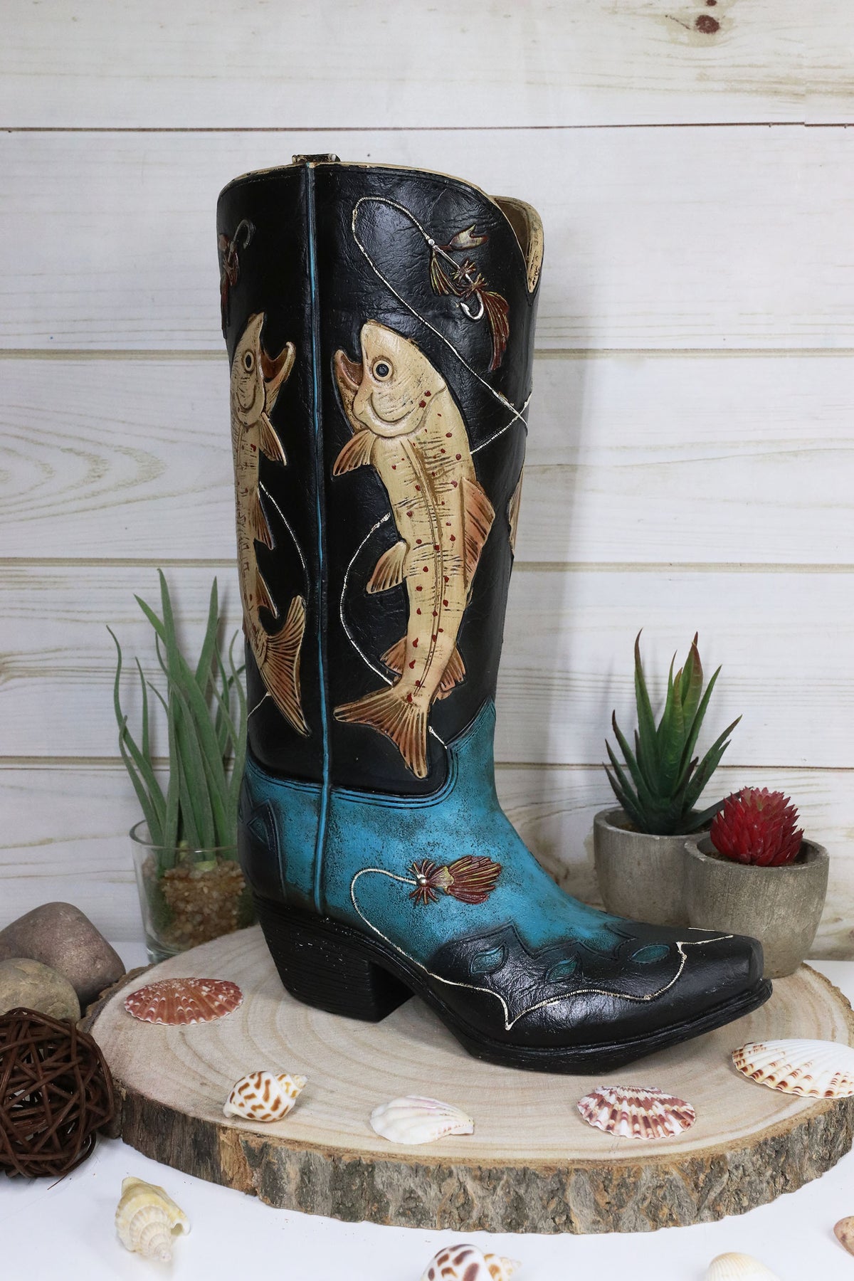 Western Fishing Angler Bass Fishes Cowboy Cowgirl Boot Vase Planter Figurine - Ebros Gift