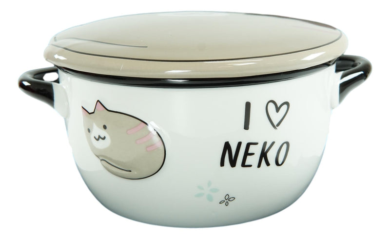 Pack Of 2 Brown Maneki Neko Lucky Cat Porcelain Kids Food Bowls W/ Lid 25Oz