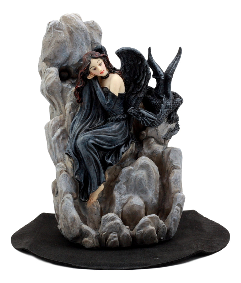 Ebros Gothic Dark Angel W/ Shadow Dragon On Waterfall Rocky Cliff Figurine 7.5" H