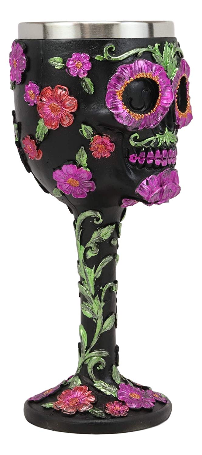 Ebros Gothic Black Red Pink Green Day of The Dead Sugar Skull Wine Goblet 7oz