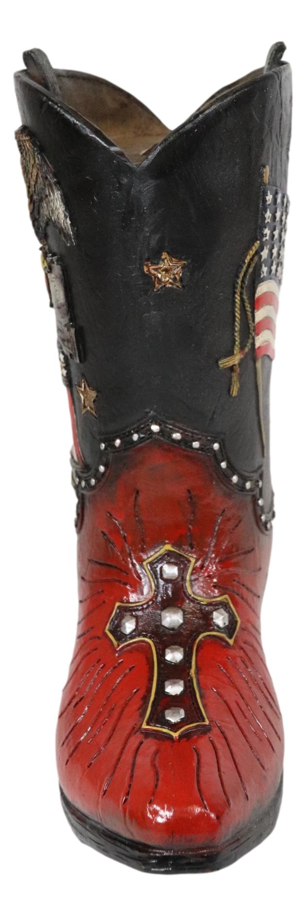 Western Cowboy Patriotic US Flag Liberty Bell Eagle Cowboy Boot Pen Holder Vase