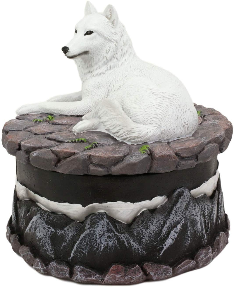Ebros Albino White Wolf in Repose Round Jewelry Decorative Box 5.25" Diameter