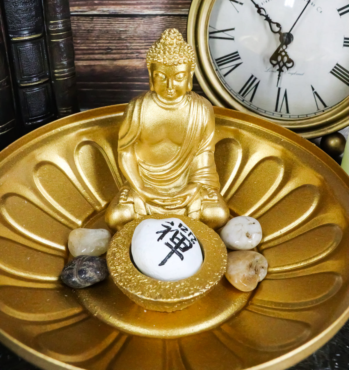 Ebros Feng Shui Golden Meditating Buddha Zen Dish With Pebbles & Lotus Flower
