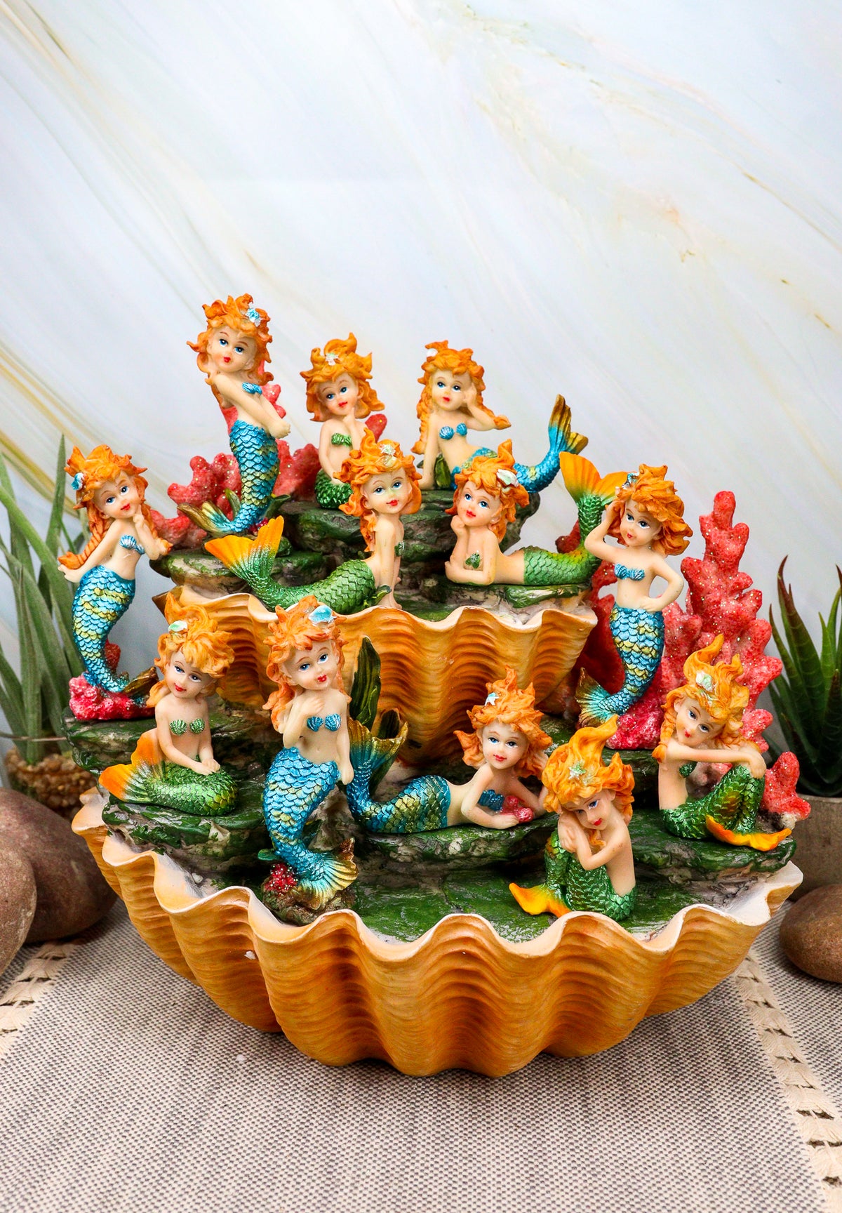 Colorful 2 Tier Golden Giant Clam Shells LED Display Stand With 12 Mini Mergirls - Ebros Gift