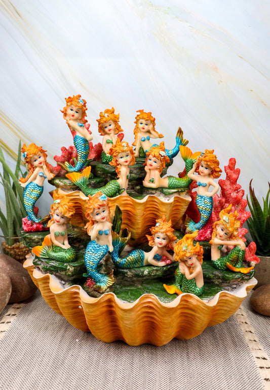 Colorful 2 Tier Golden Giant Clam Shells LED Display Stand With 12 Mini Mergirls - Ebros Gift