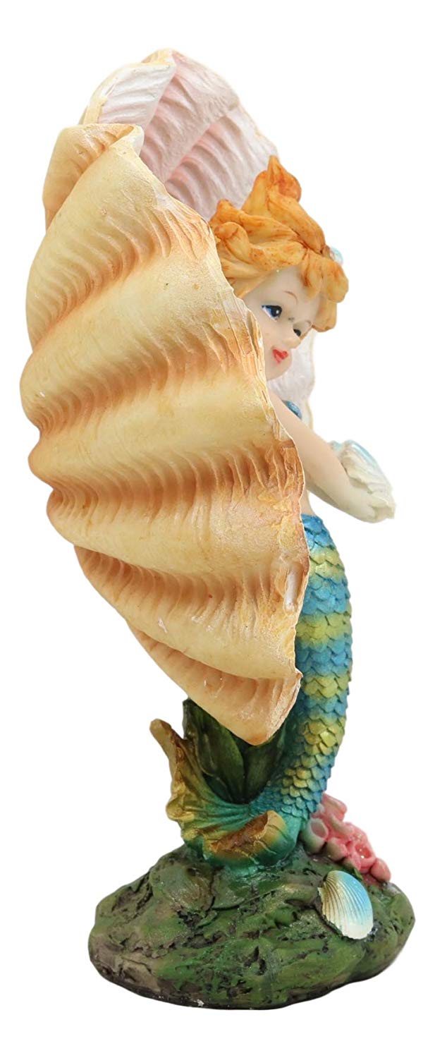 Ebros Aquamarine Mermaid Mergirl Holding Blue Sconce By Giant Pearl Shell Statue 7"H