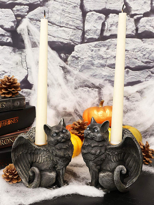 Gothic Angel Winged Cat Gargoyles Left And Right Facing Candle Holder Statue Set - Ebros Gift