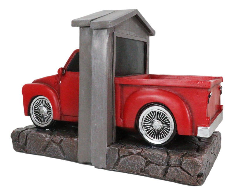 Old Fashioned Vintage Red Pickup Truck In Workshop Decorative Bookends Pair