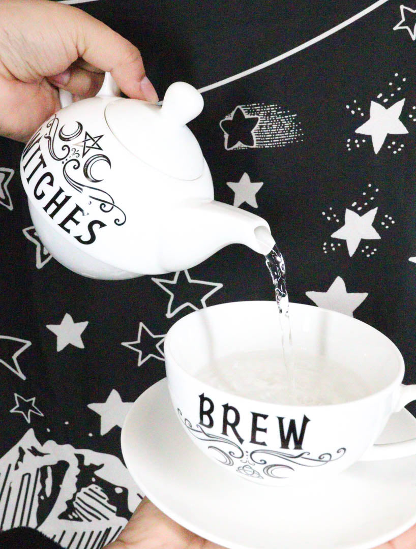 Ebros Pentagram Moons Witches Brew Hex Bone China Stacking Tea Pot Cup And Saucer Set