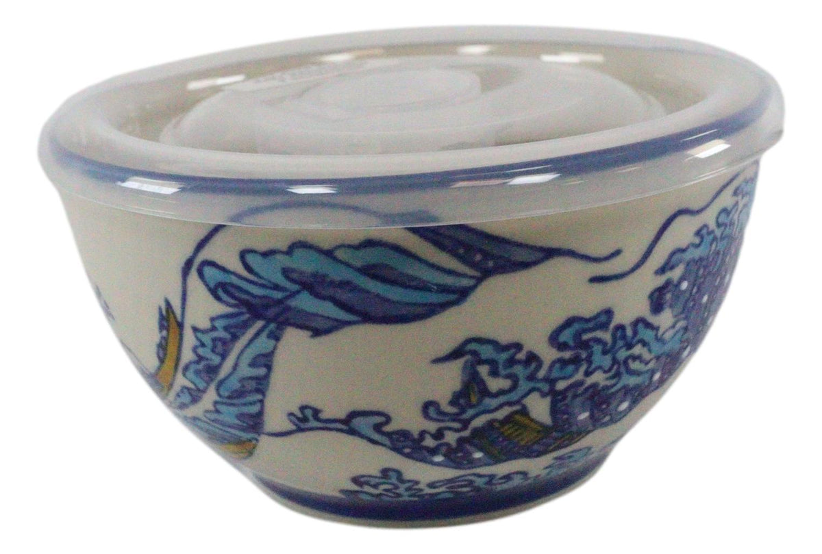Ebros Set of 2 Ceramic Hokusai Great Wave Portion Meal Bowls 2 Cups W/ Airtight Lid