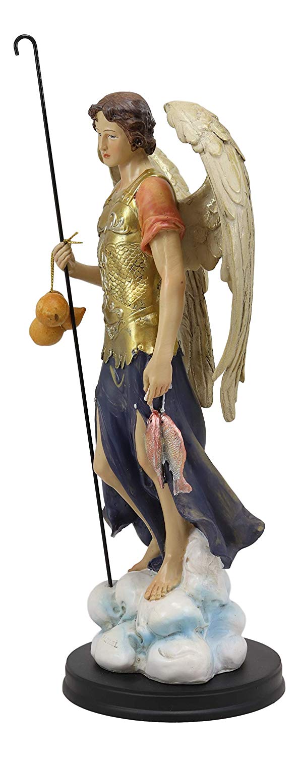 Large Catholic Church Archangel Raphael With Staff And Healing Oil Statue 14"H