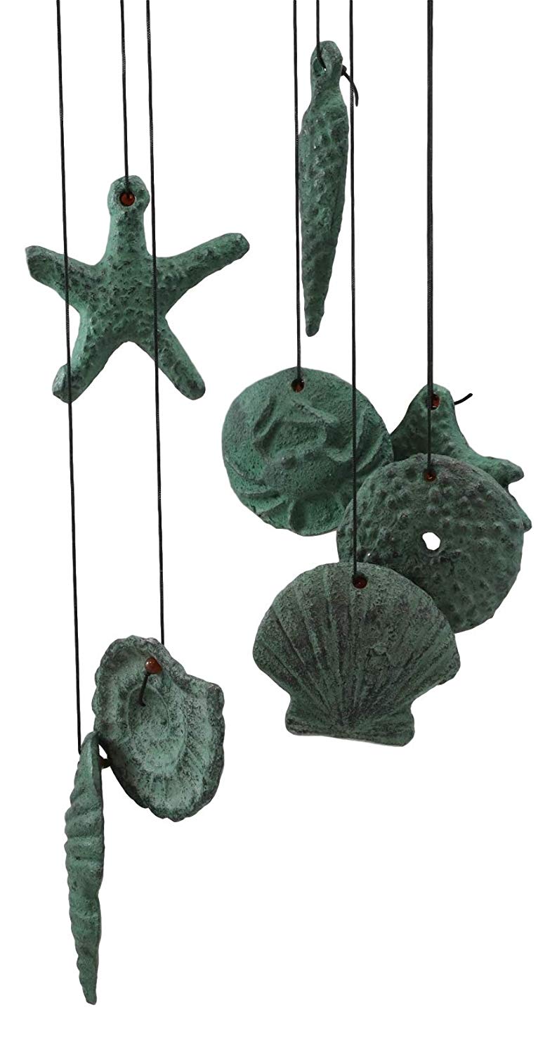 Ebros Antique Verdigris Finish Cast Iron Nautical Marine Sea Octopus Wind Chime Noisemaker Mobile with Starfish and Seashells Ornaments Davy Jones Kraken Cthulhu Outdoors Pool Patio Garden Decorative