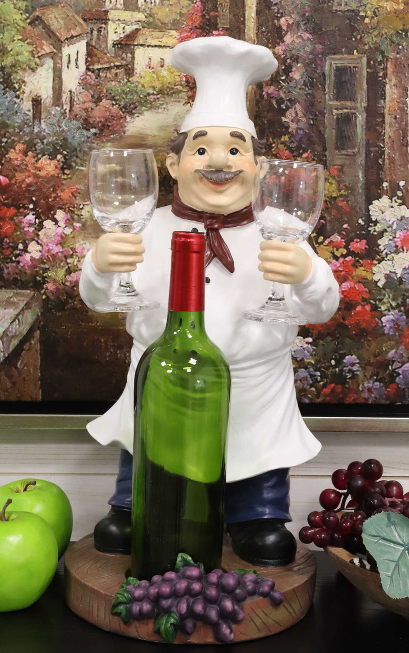 Standing Chef Paul Vineyard Wine Bottle And 2 Glasses Holder Valet Statue 19"H