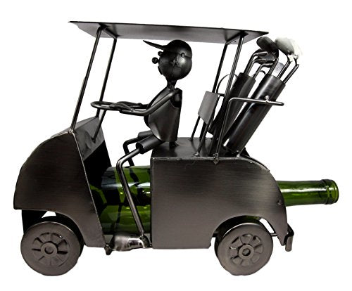 Ebros Pro Golfer Riding Golf Cart Hand Made Recycled Metal Wine Bottle Holder Caddy