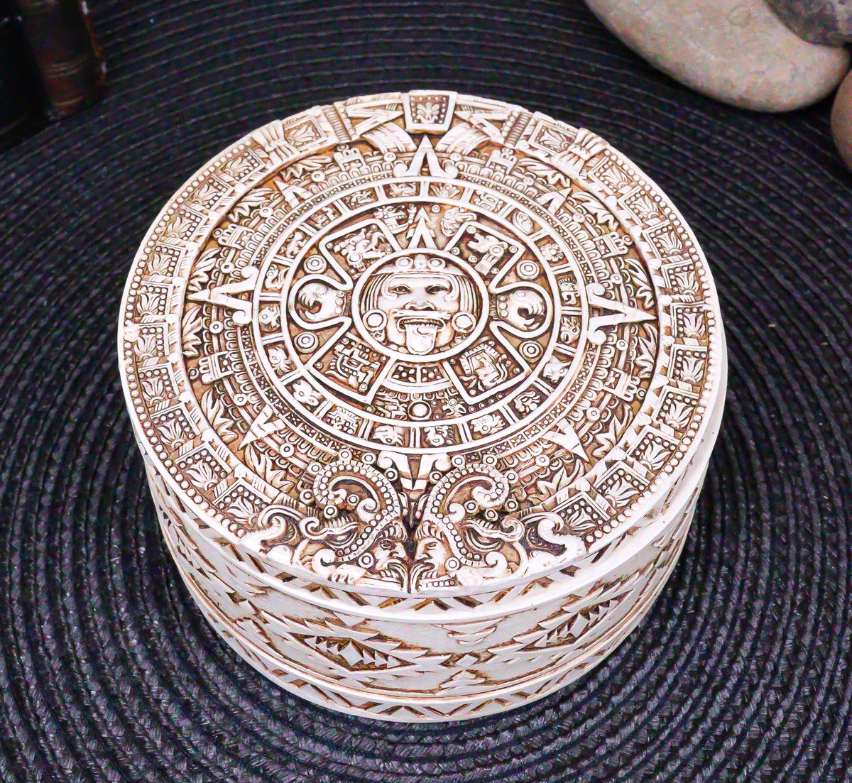 Round Mesoamerican Maya Aztec Jewelry Box Figurine 5"D Solar Calendar Sun God
