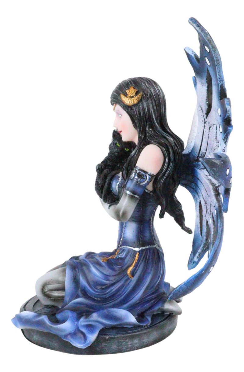 Ebros Blue Celestial Witch Fairy Cradling A Mystical Black Cat Statue 8.25" Tall
