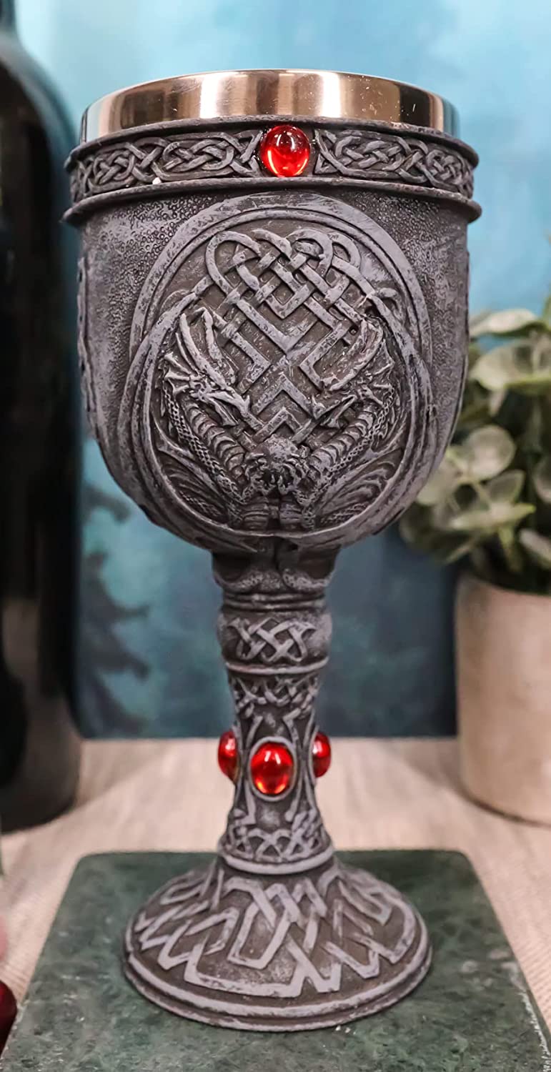Set of 4 Celtic Dual Winged Dragon Wine Goblet Chalice Resin & Stainless Steel