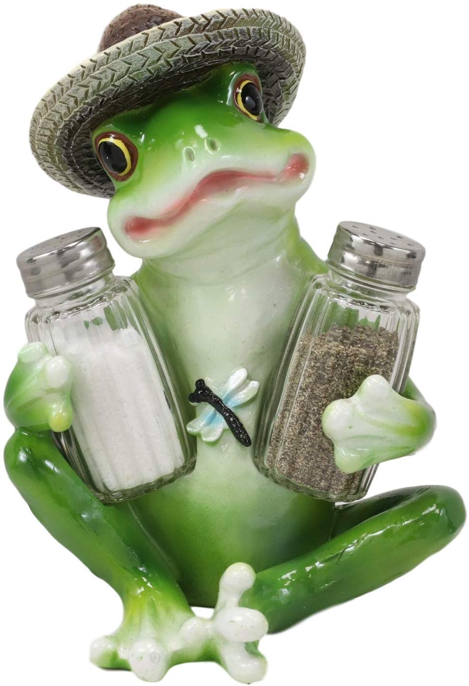 Ebros Green Toad Tree Frog With Sombrero Glass Salt Pepper Shakers Holder Set - Ebros Gift
